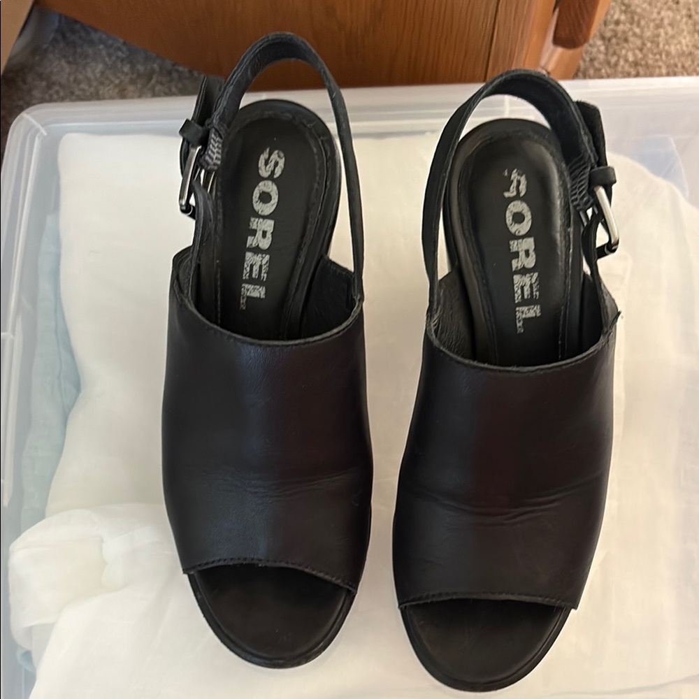 Sorel Black Platform Sandals Modern Slingback -Gently Worn